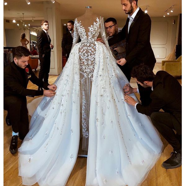 sparkly luxurious african 2020 wedding dresses with skirts lace beaded sheath bridal dresses long sleeves see through wedding gowns, White
sparkly luxurious african 2020 wedding dresses with skirts lace beaded sheath bridal dresses long sleeves see through wedding gowns, White