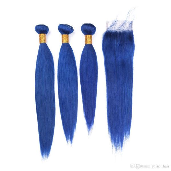 

Темно-синие девственные пучки волос с кружевной застежкой 4x4 шелковистые прямые цветные синие бразильские человеческие волосы Weave 3 пучка сделки с закрытием