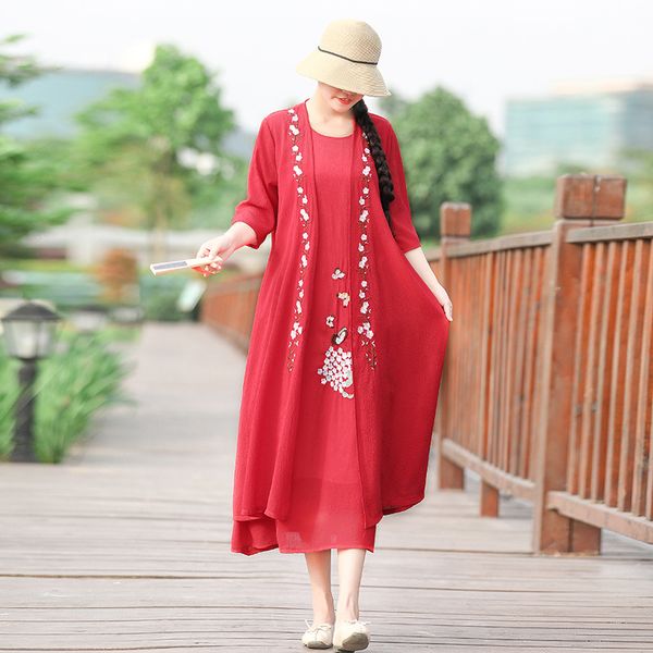2019 summer new style cotton linen embroidered ethnic-style vest dress + three-quarter-length sleeve embroidered sun protection, Red
2019 summer new style cotton linen embroidered ethnic-style vest dress + three-quarter-length sleeve embroidered sun protection, Red