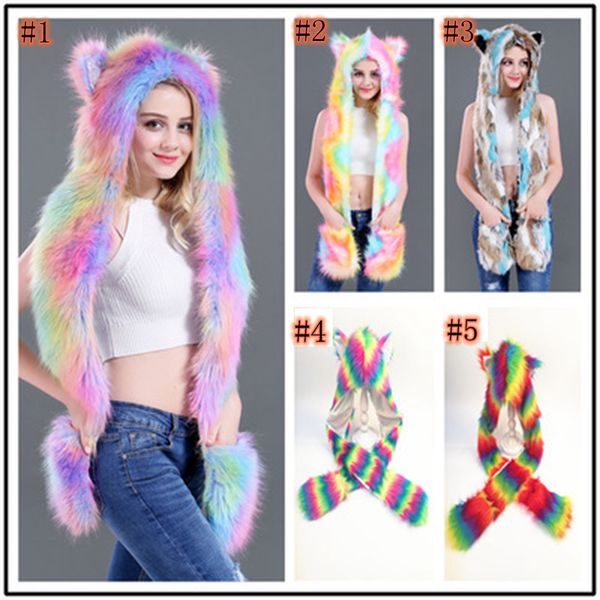 women colorful faux fur hat up hood animal rainbow hat wolf plush warm animal cap with scarf gloves party scarf mittens zza898
women colorful faux fur hat up hood animal rainbow hat wolf plush warm animal cap with scarf gloves party scarf mittens zza898