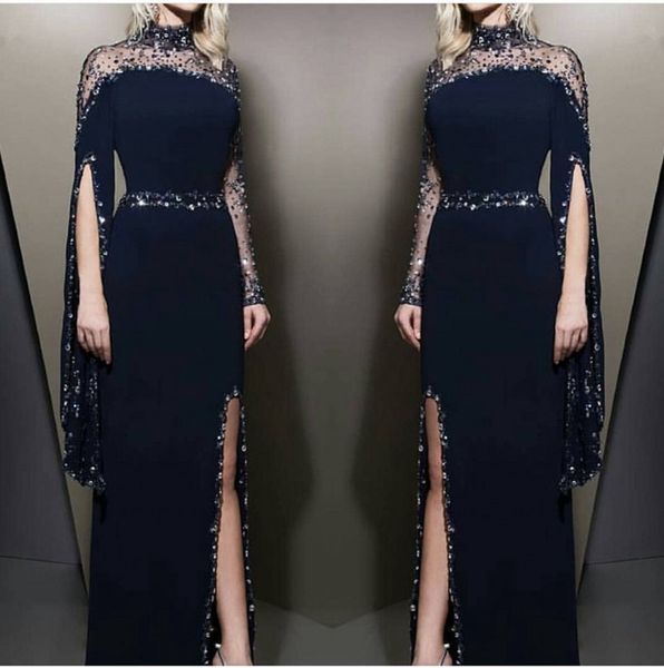 navy blue sheer high neck sheath split evening dresses 2019 long sleeves beaded formal party red carpet evening gowns, Black;red
navy blue sheer high neck sheath split evening dresses 2019 long sleeves beaded formal party red carpet evening gowns, Black;red
