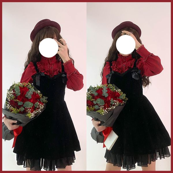 

japanese kawaii girl sweet lolita dress velvet slim vintage lace bowknot victorian dress party gothic lolita jsk loli cos, Black;red