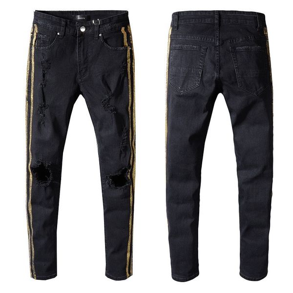 2020 new fashion brand men's washed hole design casual black slim lightweight denim stretch denim skinny gold stripes jeans pants trous, Blue
2020 new fashion brand men's washed hole design casual black slim lightweight denim stretch denim skinny gold stripes jeans pants trous, Blue