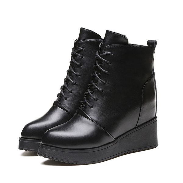 black boots woman winter wedge women ankle boots platform heels lace up woman boots leather women shoes platform klu bot