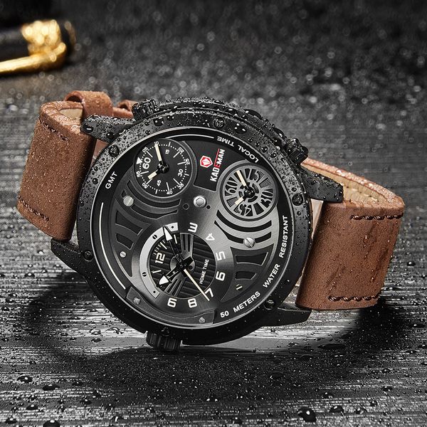 

kademan brand new men's watch relogio masculino big dial three time zone leather strap waterproof trend casual quartz watch mens, Slivery;brown