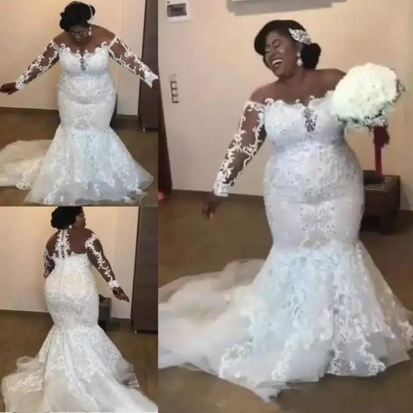 plus size mermaid wedding dresses 2019 off the shoulder sheer long sleeves bridal gowns tulle sweep train wedding vestidos custom made, White
plus size mermaid wedding dresses 2019 off the shoulder sheer long sleeves bridal gowns tulle sweep train wedding vestidos custom made, White