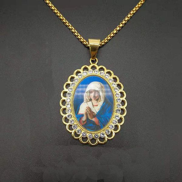 religious catholic rhinestones pave gold color stainless steel virgin mary round pendants necklace for men women fashion jewelry, Silver
religious catholic rhinestones pave gold color stainless steel virgin mary round pendants necklace for men women fashion jewelry, Silver