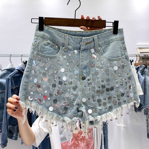 fashion 2019 summer korean style women sequined tassel denim shorts student luxury trousers a907, White;black
fashion 2019 summer korean style women sequined tassel denim shorts student luxury trousers a907, White;black