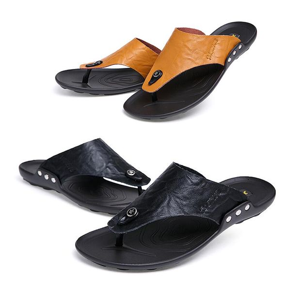 

brand designer men's trend slipper est europe america bee summer fashion flip flops genuine leather men beach non-slip sandals slippers, Black