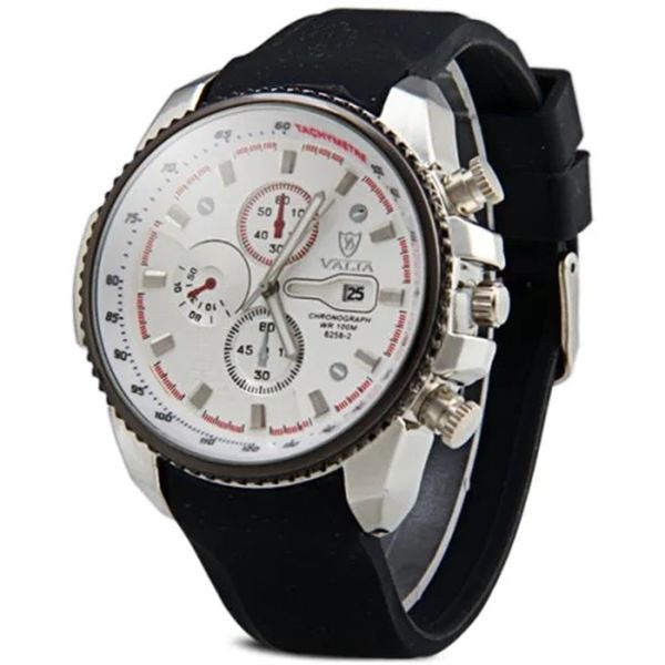 

relogio valia men's automatic date fashion business trend quartz sports silicone strap black white watch men's classic clock, Slivery;brown