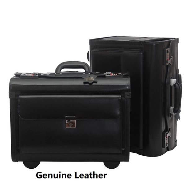 

genuine leather pilot rolling luggage casters cabin wheel suitcases captain travel bag 18/19 inch business carry on trolley