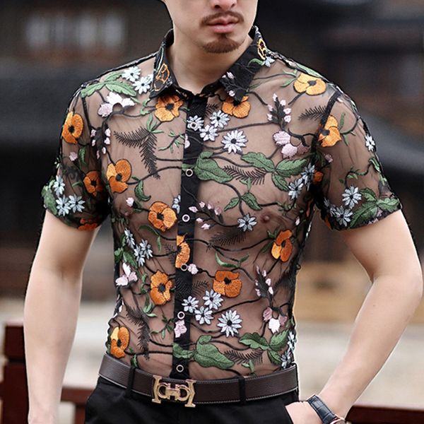 men summer short sleeve silk casual shirts sir hollow out embroidery floral transparent stylish club bar slim fit shirts male, White;black
men summer short sleeve silk casual shirts sir hollow out embroidery floral transparent stylish club bar slim fit shirts male, White;black