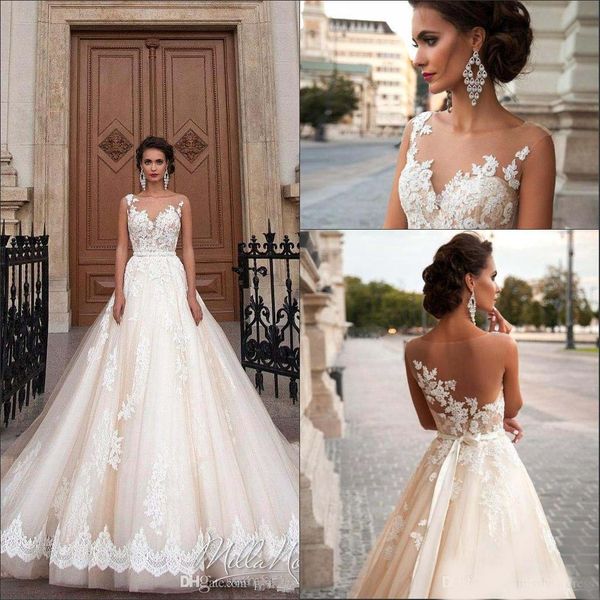 milla nova elegant sheer mesh lace a line wedding dresses tulle lace appliqued wedding bridal gowns with beaded sash, White
milla nova elegant sheer mesh lace a line wedding dresses tulle lace appliqued wedding bridal gowns with beaded sash, White