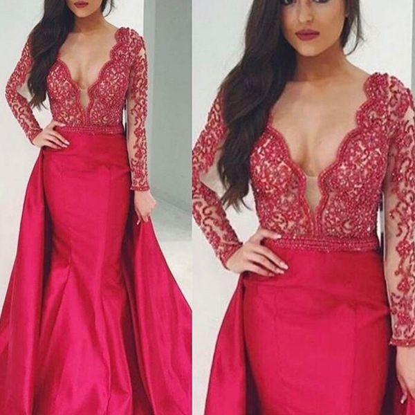 mermaid prom dresses with detachable overskirt full sleeves deep v-neck semi- illusion v neck lace prom evening gowns gala jurken, Black;red
mermaid prom dresses with detachable overskirt full sleeves deep v-neck semi- illusion v neck lace prom evening gowns gala jurken, Black;red