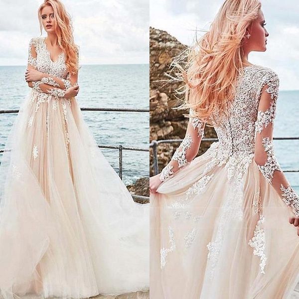 vintage lace long sleeve bridal gowns wedding dresses tulle v neck applique buttons back pleated bm1521, White
vintage lace long sleeve bridal gowns wedding dresses tulle v neck applique buttons back pleated bm1521, White
