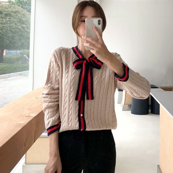 korean style elegant ladies contrast color bow collar twisted knitted cardigan long sleeve autumn winter coat cardigan, White
korean style elegant ladies contrast color bow collar twisted knitted cardigan long sleeve autumn winter coat cardigan, White