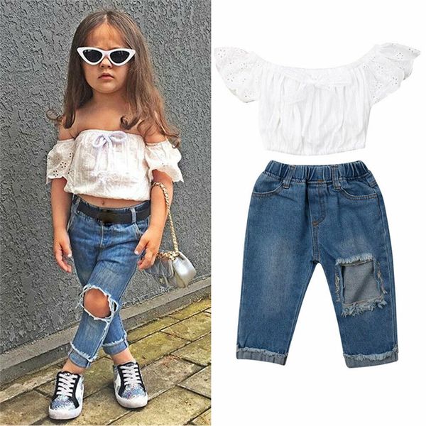 2019 toddler kids baby girl summer outfit clothing set off shoulder crop vest + hole tearing jeans pants clothes 1-6y, White
2019 toddler kids baby girl summer outfit clothing set off shoulder crop vest + hole tearing jeans pants clothes 1-6y, White