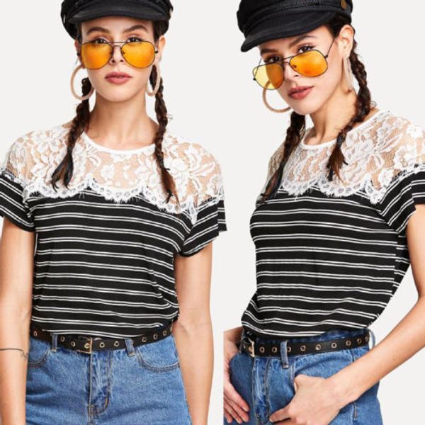 new 2018 women summer casual short sleeve lace floral patchwork striped tee shirt loose t-shirts, White
new 2018 women summer casual short sleeve lace floral patchwork striped tee shirt loose t-shirts, White