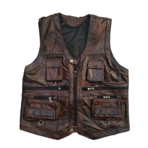 spring cowhide bread pocket vest autumn leather brown motorcycle jacket, Black;white
spring cowhide bread pocket vest autumn leather brown motorcycle jacket, Black;white