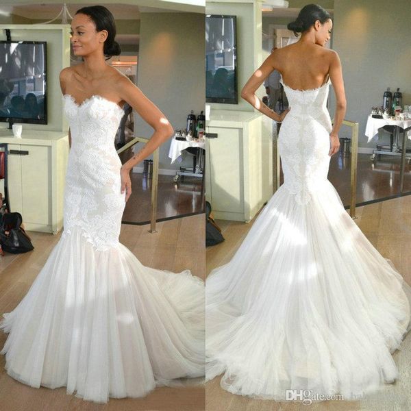 sleeveless designer mermaid wedding dresses appliqued lace sweep train bridal gowns strapless mermaid bridal dresses custom made, White
sleeveless designer mermaid wedding dresses appliqued lace sweep train bridal gowns strapless mermaid bridal dresses custom made, White