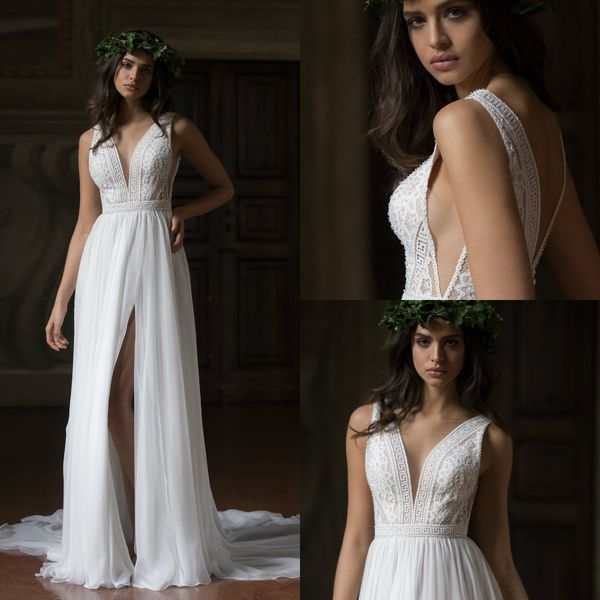 summer beach 2019 a line wedding dresses lace appliqued v neck high split chiffon bridal gowns sweep train wedding dress, White
summer beach 2019 a line wedding dresses lace appliqued v neck high split chiffon bridal gowns sweep train wedding dress, White