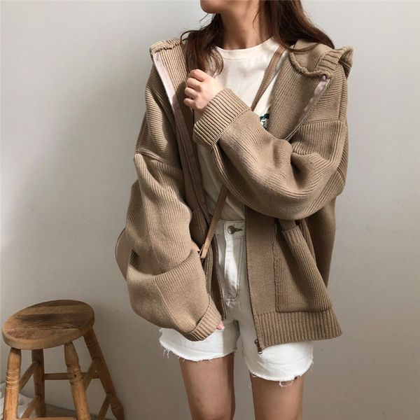 2019 fall and winter new style student's loose korean pure sweater jacket, women's hat knitted cardigan top, Black;brown
2019 fall and winter new style student's loose korean pure sweater jacket, women's hat knitted cardigan top, Black;brown