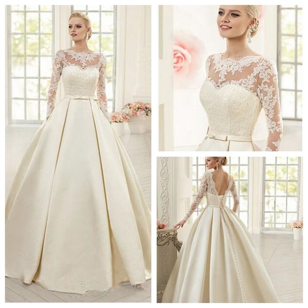 2019 jewel long sleeves lace appliques a-line wedding dresses satin bridal gowns simple garden lace up back backless vestidos de marriage, White
2019 jewel long sleeves lace appliques a-line wedding dresses satin bridal gowns simple garden lace up back backless vestidos de marriage, White