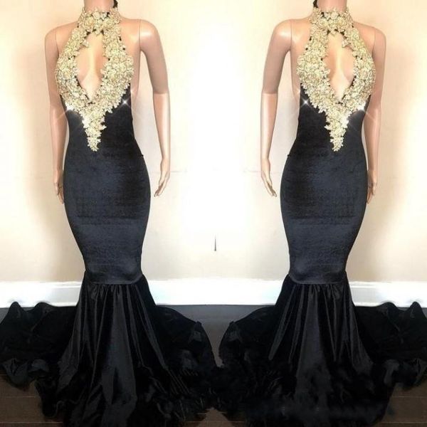 new arrival mermaid prom dresses gold appliques sequins high neck keyhole front long evening gowns custom made, Black
new arrival mermaid prom dresses gold appliques sequins high neck keyhole front long evening gowns custom made, Black