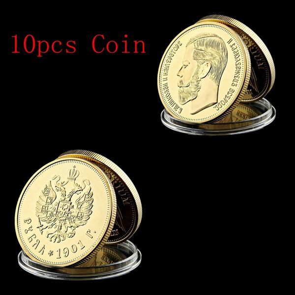 

10pcs 1901 russian tsar nicholas ii emperor gold plated figure replica commemorative coin collection