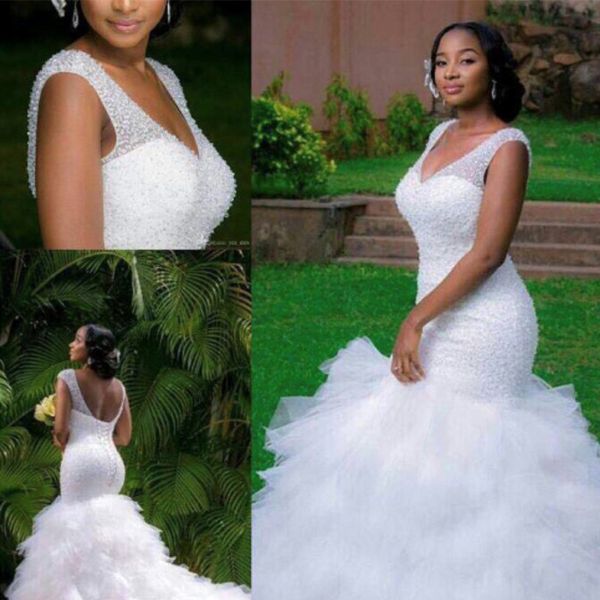 2022 new v neck africa full beading crystal mermaid wedding dress ruffles tulle tiered lace up back custom made wedding gowns plus size, White
2022 new v neck africa full beading crystal mermaid wedding dress ruffles tulle tiered lace up back custom made wedding gowns plus size, White