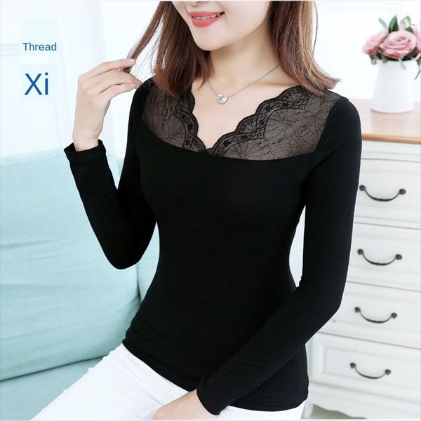 lace t- women's long-sleeved slim large size modal base t- lace shirt shirt v-neck solid color fat mm, White
lace t- women's long-sleeved slim large size modal base t- lace shirt shirt v-neck solid color fat mm, White
