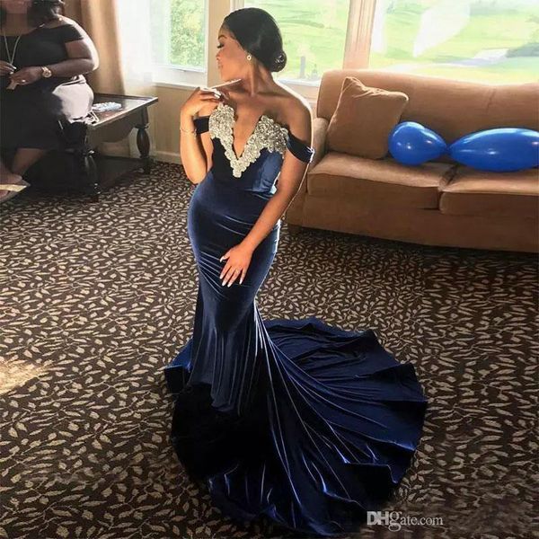 elegant dark blue mermaid dresses evening wear beaded off the shoulder deep v neck velvet prom gowns appliqued sweep train formal dresses, Black
elegant dark blue mermaid dresses evening wear beaded off the shoulder deep v neck velvet prom gowns appliqued sweep train formal dresses, Black