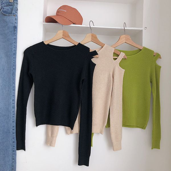 tyhru female autumn solid color unilateral strapless stretch short section long sleeve round neck sweater top, White;black
tyhru female autumn solid color unilateral strapless stretch short section long sleeve round neck sweater top, White;black