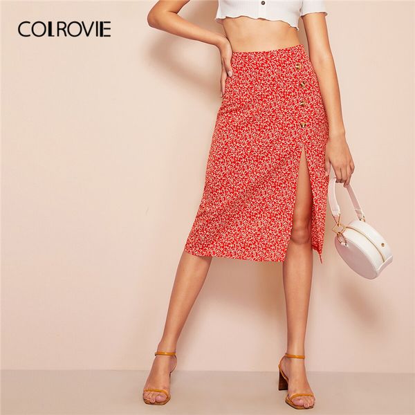 

colrovie red button slit front calico ditsy floral print boho midi skirt women 2019 summer vacation holiday ladies skirts, Black