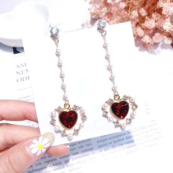 mengjiqiao korean new elegant red crystal love heart pendant long pendientes mujer moda shiny zircon simualted pearl brinco, Silver 
mengjiqiao korean new elegant red crystal love heart pendant long pendientes mujer moda shiny zircon simualted pearl brinco, Silver