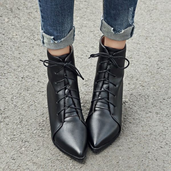 oversized -13 boots women shoes ankle boots for women ladies shoes woman winter cross strap with pointed tip, Black