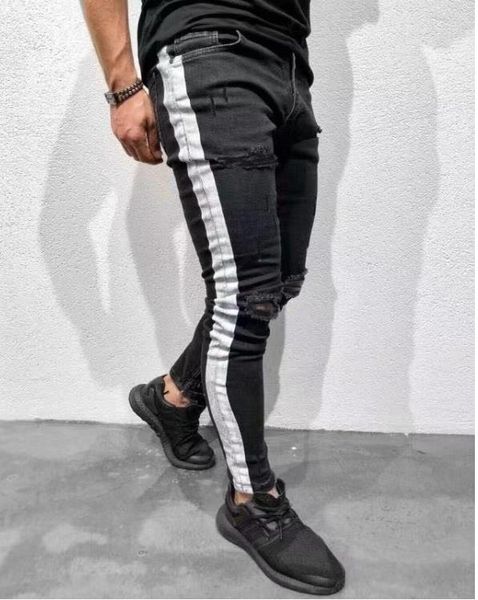 men designer slim fit ripped jeans mens clothing fashion high street knee holes white striped designer black jeans, Blue
men designer slim fit ripped jeans mens clothing fashion high street knee holes white striped designer black jeans, Blue
