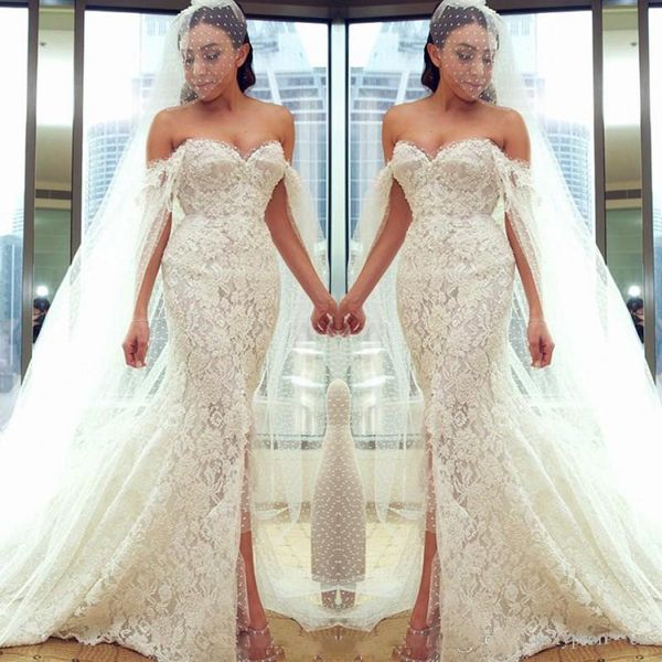 2019 vestido de noiva mermaid wedding dresses off shoulder garden wear apliqued lace floor train bridal gowns, White
2019 vestido de noiva mermaid wedding dresses off shoulder garden wear apliqued lace floor train bridal gowns, White