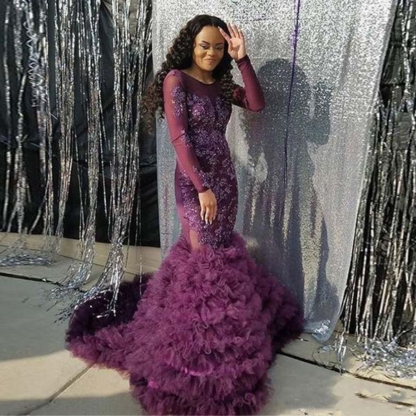 African Black Girl Prom Dresses Lace Applique Long Sleeves Backless Formal Evening Gown ruffles Tiered Tulle skirt Party Gowns 
African Black Girl Prom Dresses Lace Applique Long Sleeves Backless Formal Evening Gown ruffles Tiered Tulle skirt Party Gowns