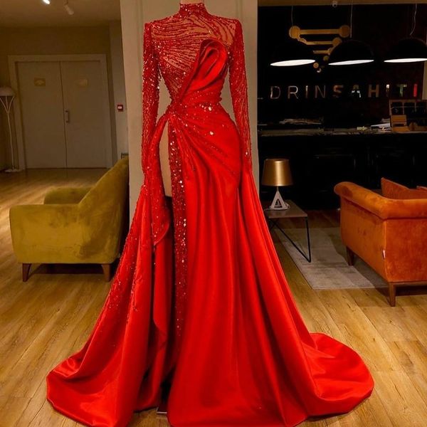 2020 sparkle red evening dresses thigh high slit high collar ruched beading prom gowns sequins formal robe de soiree, Black;red
2020 sparkle red evening dresses thigh high slit high collar ruched beading prom gowns sequins formal robe de soiree, Black;red