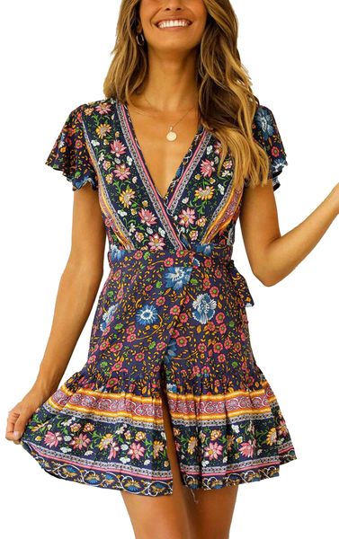 women short dress short sleeve v-neck lacing wrapped front split floral printed swing party beach dress summer beachwear, Black;gray
women short dress short sleeve v-neck lacing wrapped front split floral printed swing party beach dress summer beachwear, Black;gray