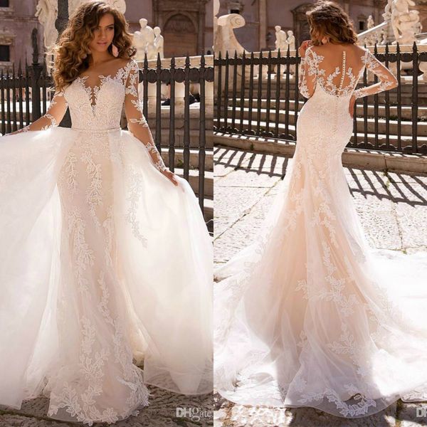 lace mermaid wedding dress with detachable train v neck sheer back long sleeves beach bridal gowns custom made vestidos de novia, White
lace mermaid wedding dress with detachable train v neck sheer back long sleeves beach bridal gowns custom made vestidos de novia, White