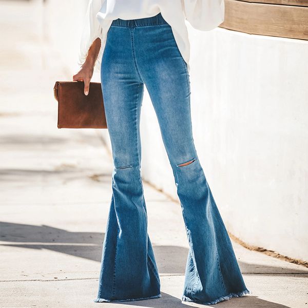 style 2019 autumn fringe ripped jeans women elastic high waist stretch denim bell bottom female washed denim flare pants, Blue
style 2019 autumn fringe ripped jeans women elastic high waist stretch denim bell bottom female washed denim flare pants, Blue