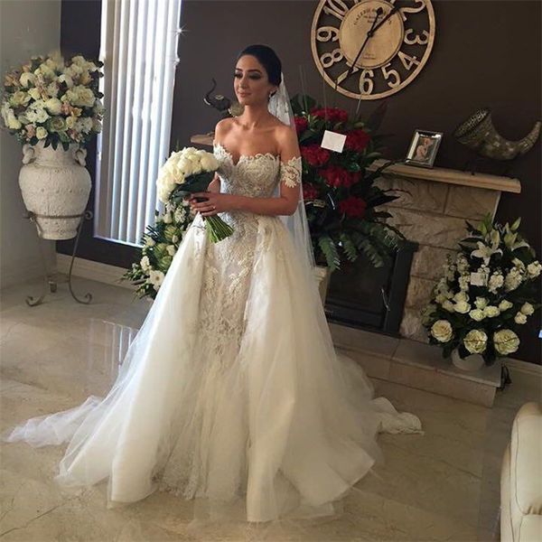 mermaid wedding dress hand beaded embroidered lace applique off the shoulder short sleeve detachable train bridal gowns, White
mermaid wedding dress hand beaded embroidered lace applique off the shoulder short sleeve detachable train bridal gowns, White