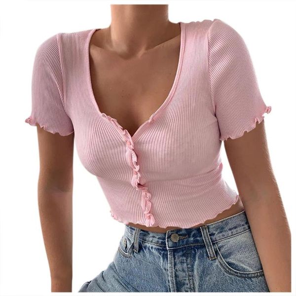 women fashion tshirt summer 2020 women's solid color v-neck ribbed short-sleeve button short short shirt sexy, White
women fashion tshirt summer 2020 women's solid color v-neck ribbed short-sleeve button short short shirt sexy, White