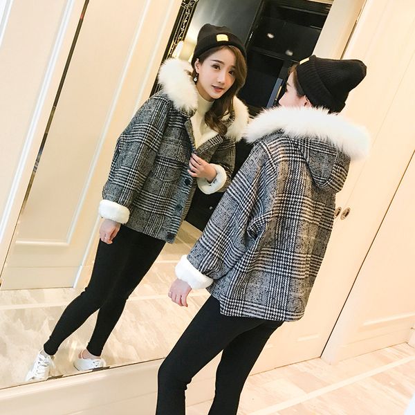 winter new korean style fashion short faux fur collar lambswool woolen coat plaid woolen jacket thickening warm hooded coat, Black
winter new korean style fashion short faux fur collar lambswool woolen coat plaid woolen jacket thickening warm hooded coat, Black