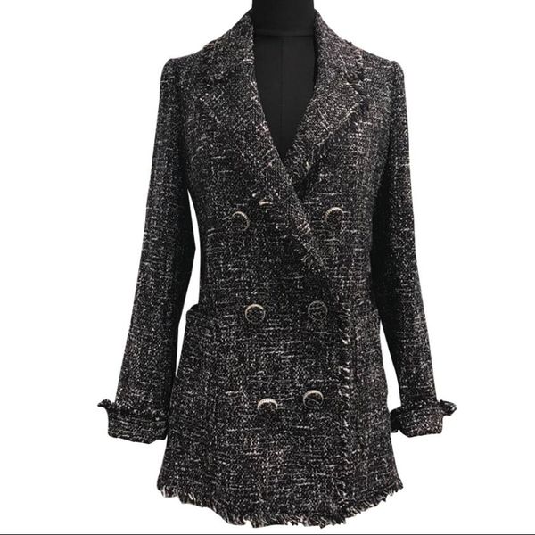 vintage small fragrance tweed wool blends coat women notched double breasted slim woolen coat, Black
vintage small fragrance tweed wool blends coat women notched double breasted slim woolen coat, Black