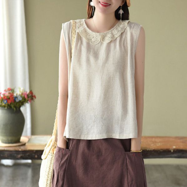 2020 summer retro hollow hook flower linen vest doll collar sleeveless solid color wild girl, White
2020 summer retro hollow hook flower linen vest doll collar sleeveless solid color wild girl, White
