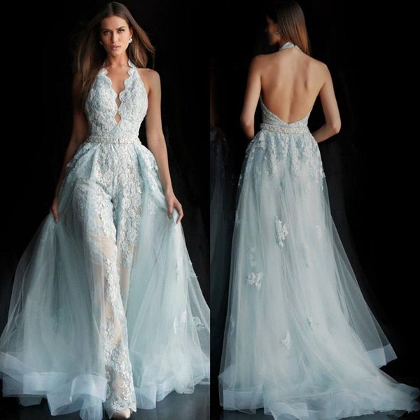 modest halter neck lace jumpsuit prom party gowns with applique detachable train tulle evening dresses backless, Black
modest halter neck lace jumpsuit prom party gowns with applique detachable train tulle evening dresses backless, Black