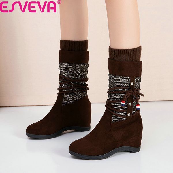 esveva 2020 women boots wedge high heel scrub knitting mid-calf boots round toe lace up slip on platform women shoes size 34-43, Black
esveva 2020 women boots wedge high heel scrub knitting mid-calf boots round toe lace up slip on platform women shoes size 34-43, Black
